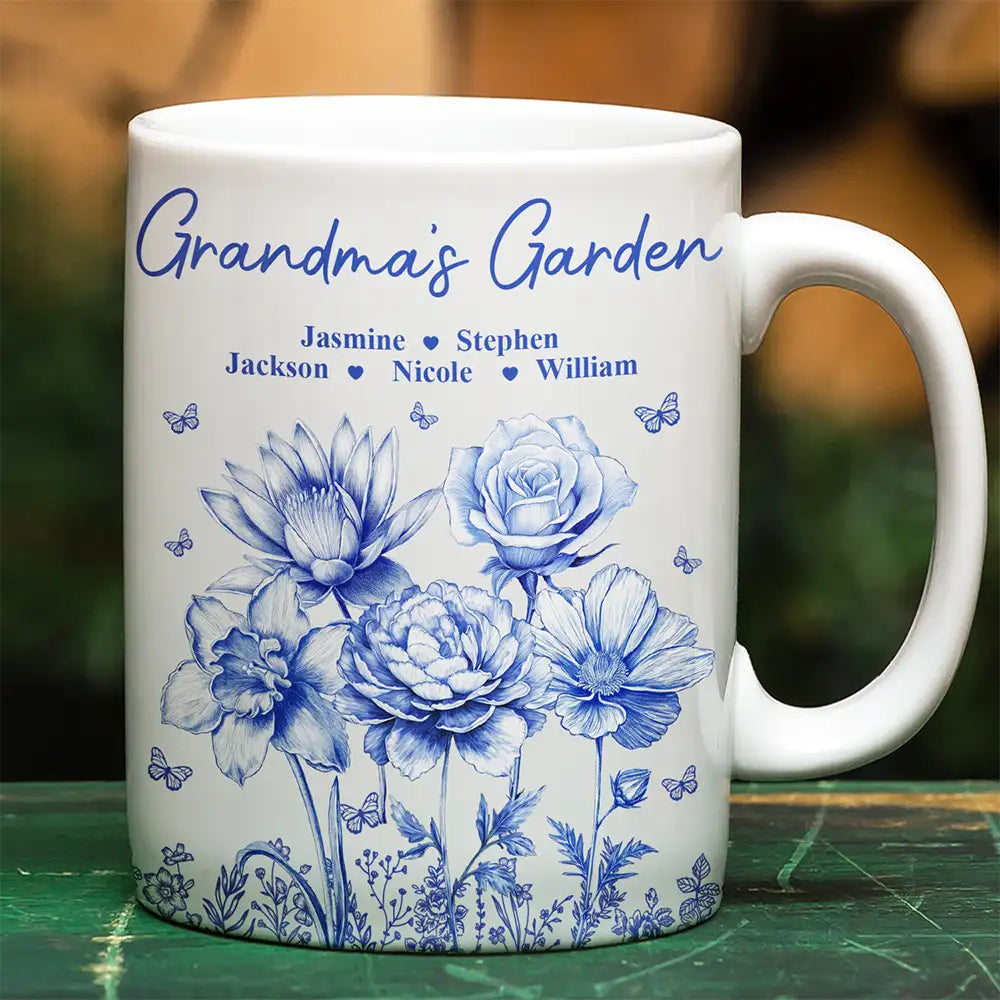 Gift For Grandma,Gift For Mother,Gift For Wife - Grandma's Garden Toile Birth Flower - Personalized White Edge-to-Edge Mug