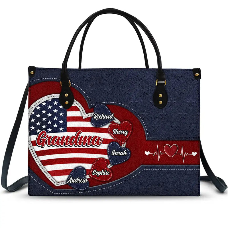 Gift For Mother, Gift For Grandma, Gift For Wife, Independence Day, Happy - Grandma's Little Sweethearts US Flag - Personalized Leather Bag