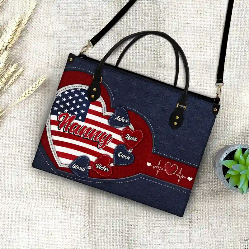 Gift For Mother, Gift For Grandma, Gift For Wife, Independence Day, Happy - Grandma's Little Sweethearts US Flag - Personalized Leather Bag
