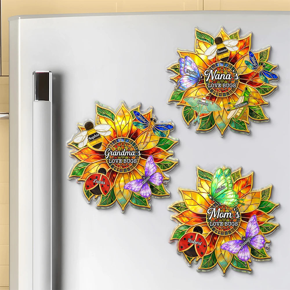 Gift For Grandma,Grandma - Grandkids,Grandma's Hobby,Gardening,Happy - Grandma's Love Bugs Stained Glass Effect - Personalized Acrylic Magnet