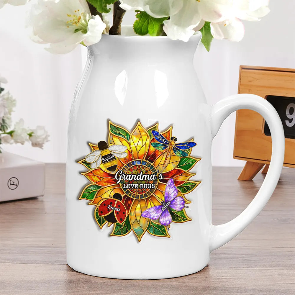 Grandma's Love Bugs Stained Glass Effect - Personalized Ceramic Flower Vase