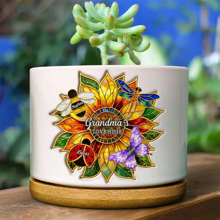 Grandma's Love Bugs Stained Glass Effect - Personalized Ceramic Plant Pot