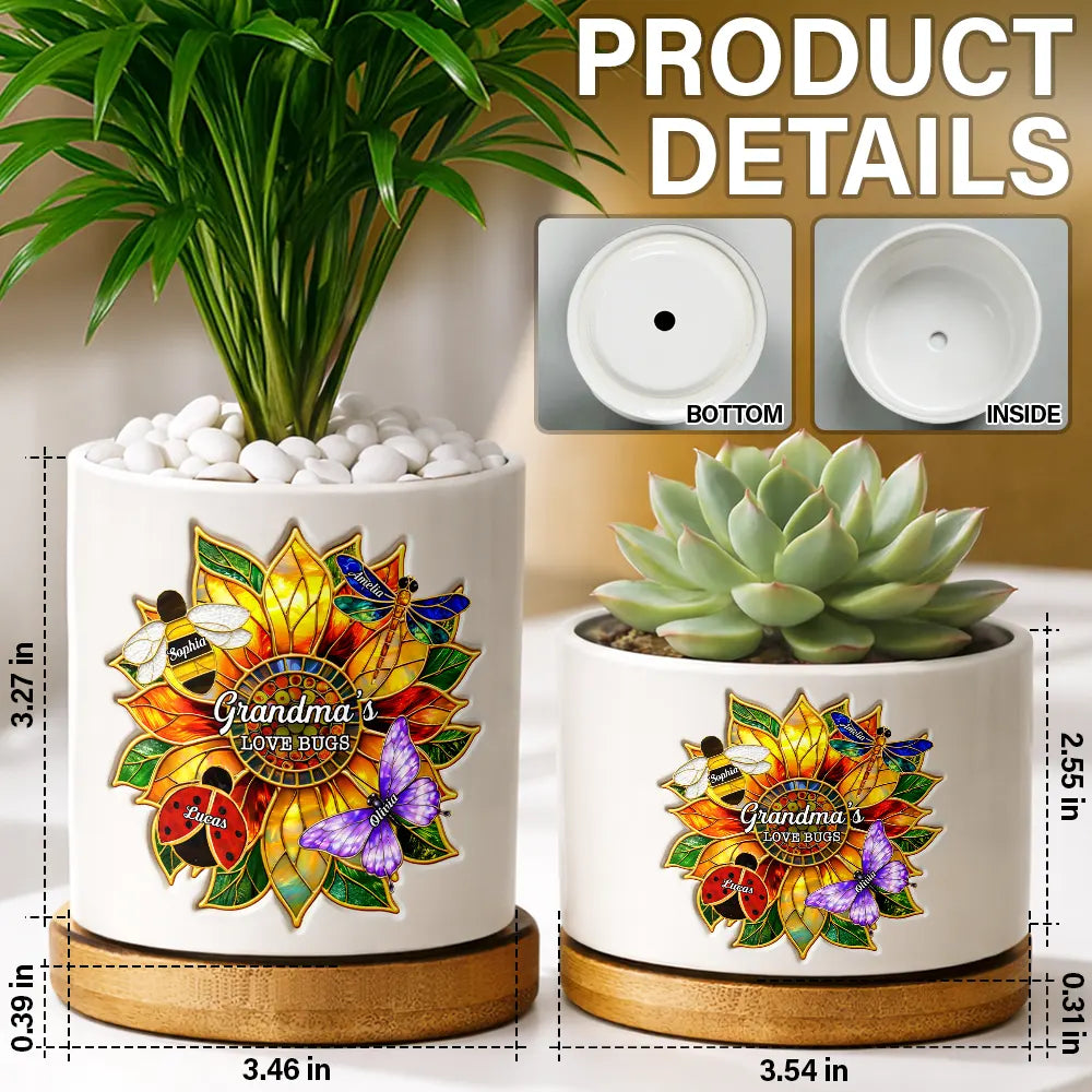 Gift For Grandma,Grandma - Grandkids,Grandma's Hobby,Gardening,Happy - Grandma's Love Bugs Stained Glass Effect - Personalized Ceramic Plant Pot