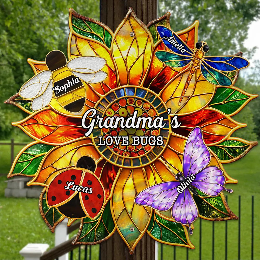 Grandma's Love Bugs Stained Glass Effect - Personalized Custom Shaped Metal Sign