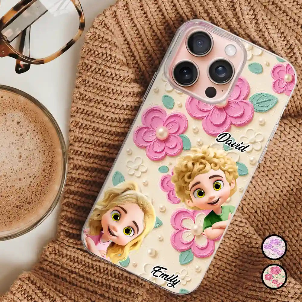 Gift For Grandma,Gift For Grandkids,Happy - Grandma's Mom's Kids 3D Effect Flower Pattern - Personalized Clear Phone Case