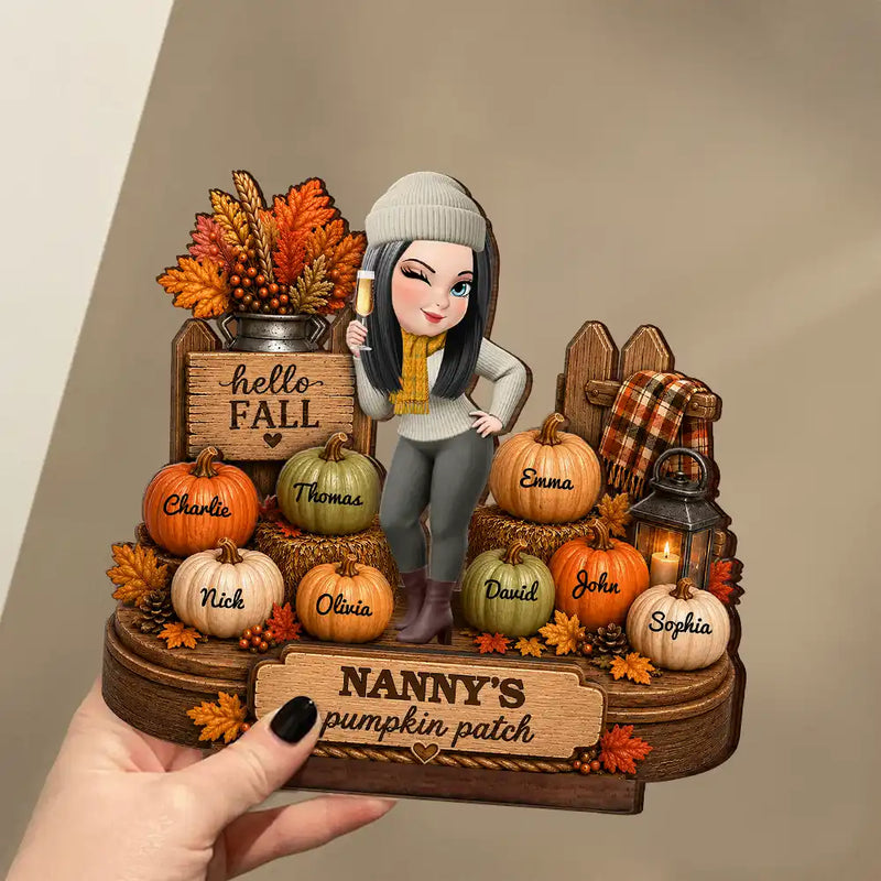 Top Market,Gift For Grandchildren,Gift For Grandkids,Gift For Grandma,Cozy,Grandma - Grandkids,Vector - Grandma's Pumpkin Patch Fall Vibes - Personalized Custom Shaped Wooden Plaque