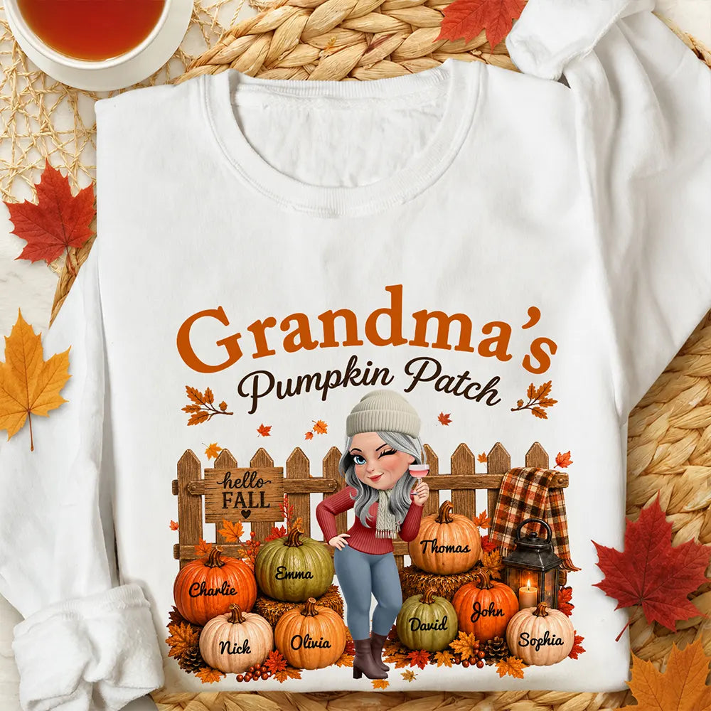 Gift For Grandchildren,Gift For Grandkids,Gift For Grandma,Cozy,Grandma - Grandkids,Vector - Grandma's Pumpkin Patch Fall Vibes - Personalized T Shirt