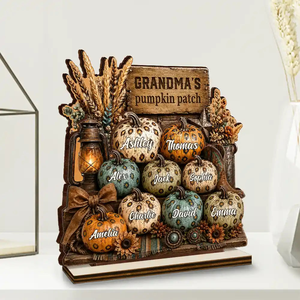 Top Market,Gift For Grandchildren,Gift For Grandkids,Gift For Grandma,Cozy,Grandma - Grandkids,Icon - Grandma's Pumpkin Patch Leopard - Personalized Custom Shaped Wooden Plaque