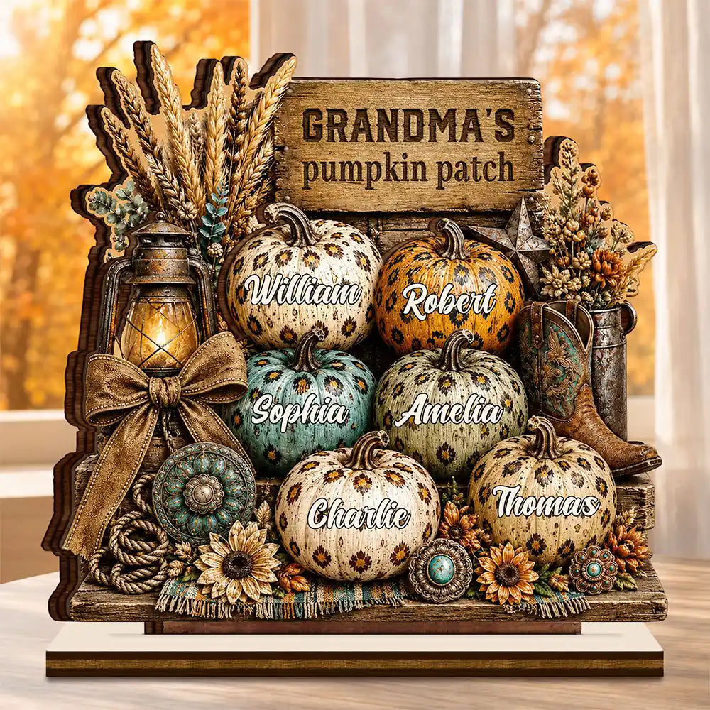 Top Market,Gift For Grandchildren,Gift For Grandkids,Gift For Grandma,Cozy,Grandma - Grandkids,Icon - Grandma's Pumpkin Patch Leopard - Personalized Custom Shaped Wooden Plaque