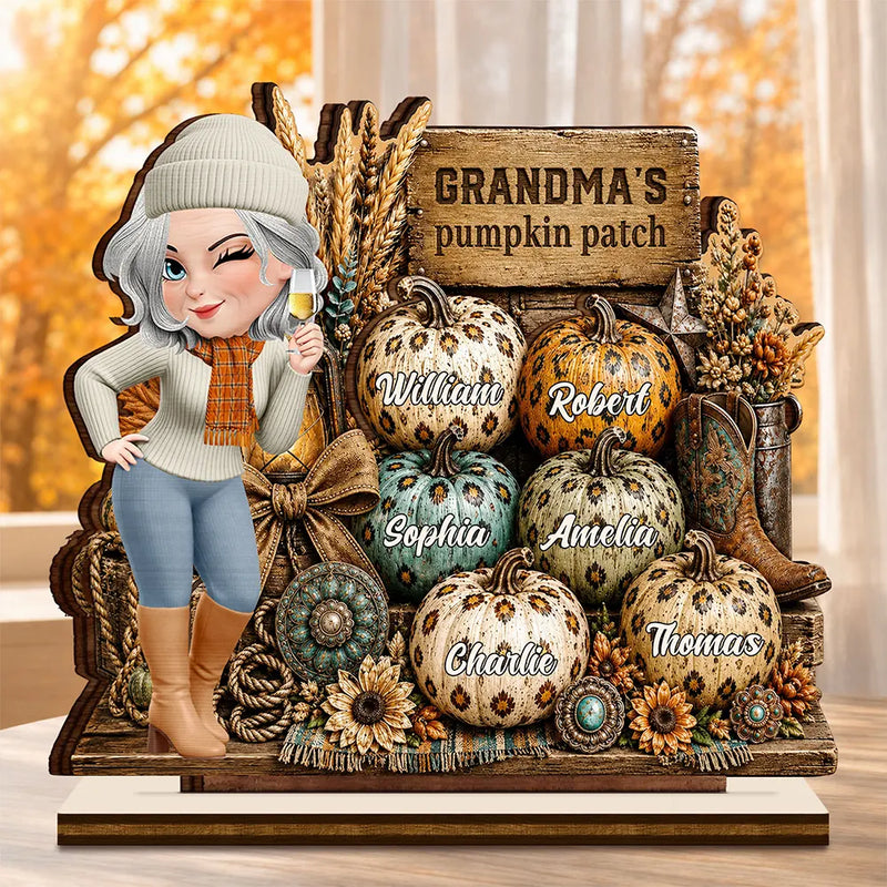 Gift For Grandchildren,Gift For Grandkids,Gift For Grandma,Cozy,Grandma - Grandkids,Vector - Grandma's Pumpkin Patch Leopard - Personalized Custom Shaped Wooden Plaque