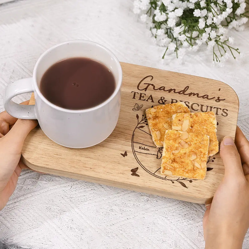 Gift For Mother,Gift For Grandma - Grandma's Tea And Biscuits - Personalized Serving Board With Cup Holder