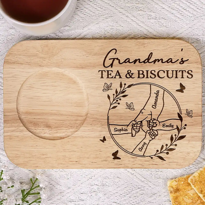 Gift For Mother,Gift For Grandma - Grandma's Tea And Biscuits - Personalized Serving Board With Cup Holder