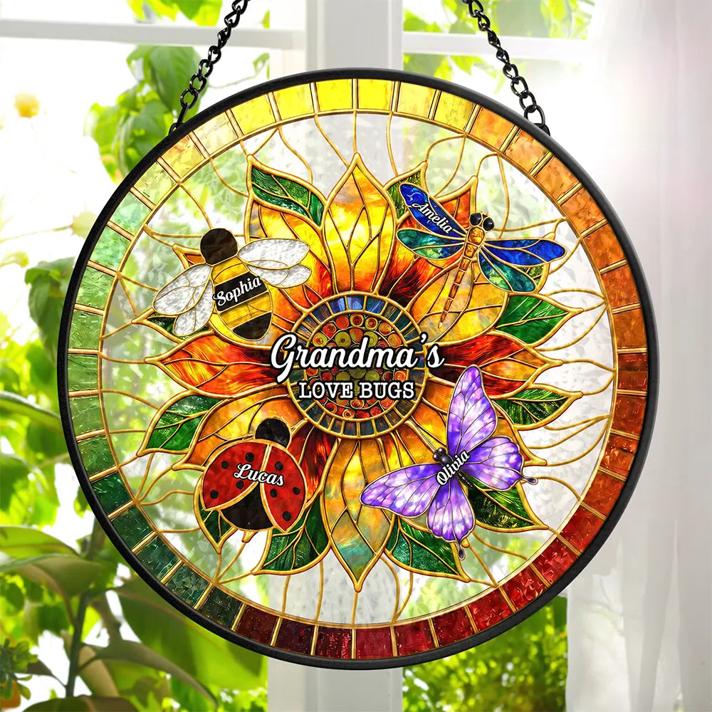 Gift For Grandma,Grandma - Grandkids,Grandma's Hobby,Gardening,Happy,Icon,Adorable - Grandma's Love Bugs Stained Glass Effect - Personalized Stained Glass Window Hanging Suncatcher