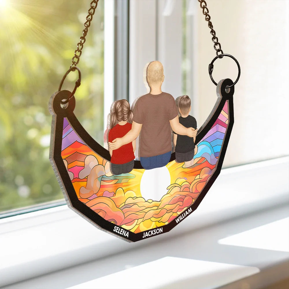 Gift For Men,Gift For Grandpa,Grandpa - Grandkids,Gift For Father,Dad,Daughters,Sons,Children - Grandpa And Grandkids On The Moon - Personalized Window Hanging Suncatcher Ornament
