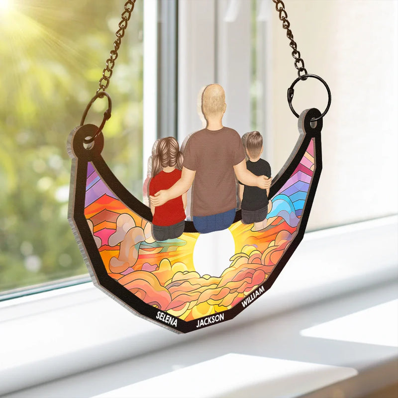 Gift For Men,Gift For Grandpa,Grandpa - Grandkids,Gift For Father,Dad,Daughters,Sons,Children - Grandpa And Grandkids On The Moon - Personalized Window Hanging Suncatcher Ornament
