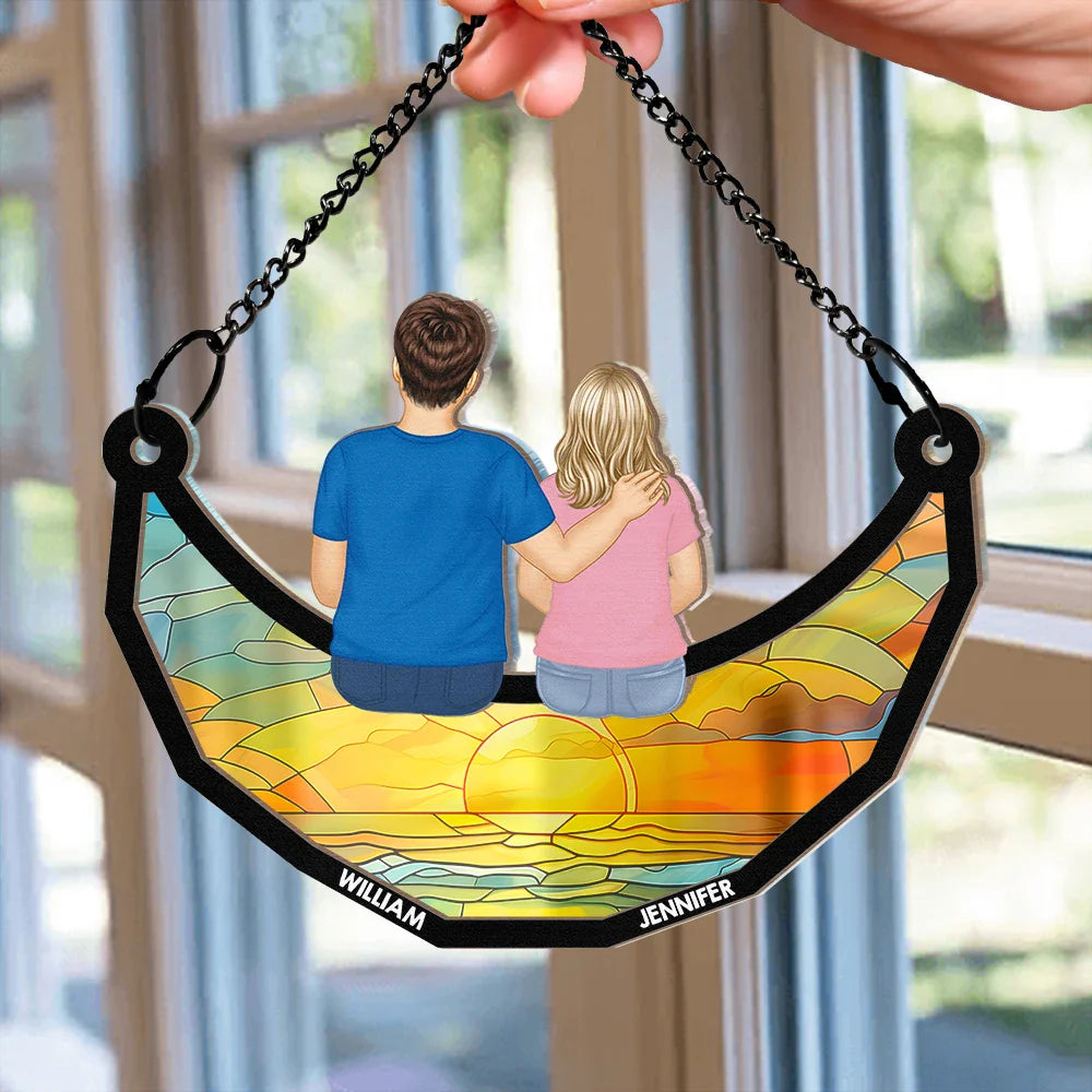 Gift For Men,Gift For Grandpa,Grandpa - Grandkids,Gift For Father,Dad,Daughters,Sons,Children - Grandpa And Grandkids On The Moon - Personalized Window Hanging Suncatcher Ornament
