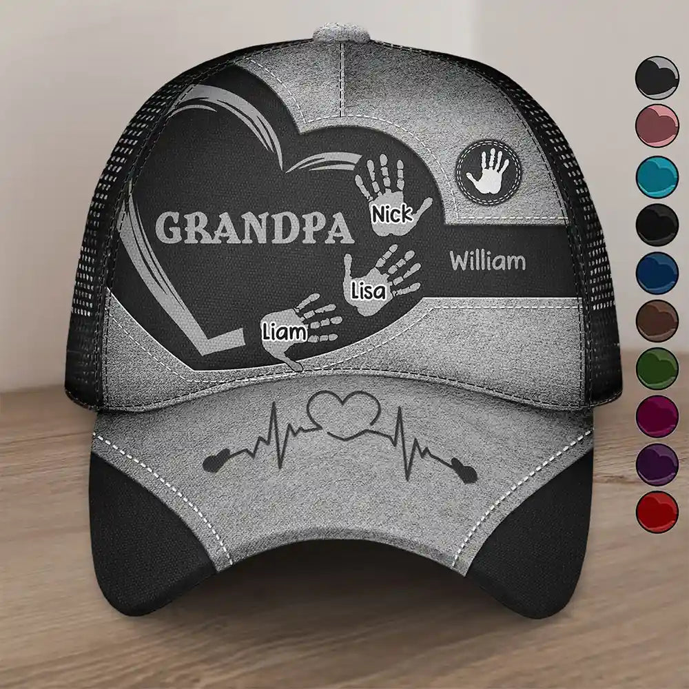 Gift For Father,Gift For Grandpa,Gift For Husband,Gift For Mother - Grandpa Dad Grandma Mom Kids Handprints - Personalized Mesh-back Casual Cap