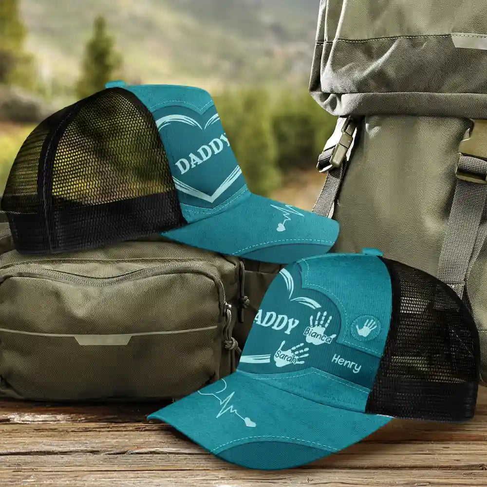 Gift For Father,Gift For Grandpa,Gift For Husband,Gift For Mother - Grandpa Dad Grandma Mom Kids Handprints - Personalized Mesh-back Casual Cap