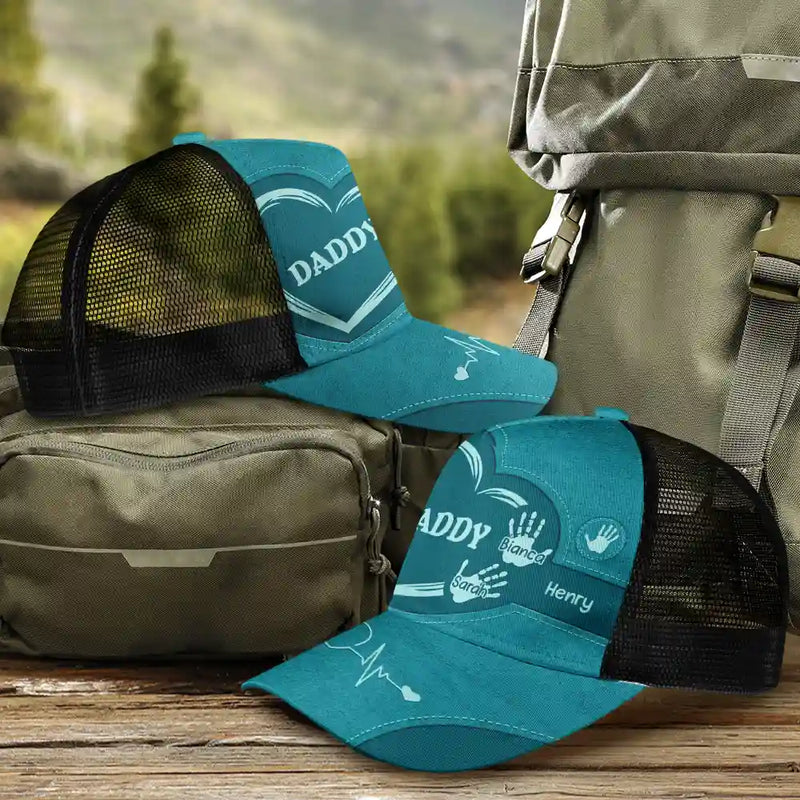 Gift For Father,Gift For Grandpa,Gift For Husband,Gift For Mother - Grandpa Dad Grandma Mom Kids Handprints - Personalized Mesh-back Casual Cap