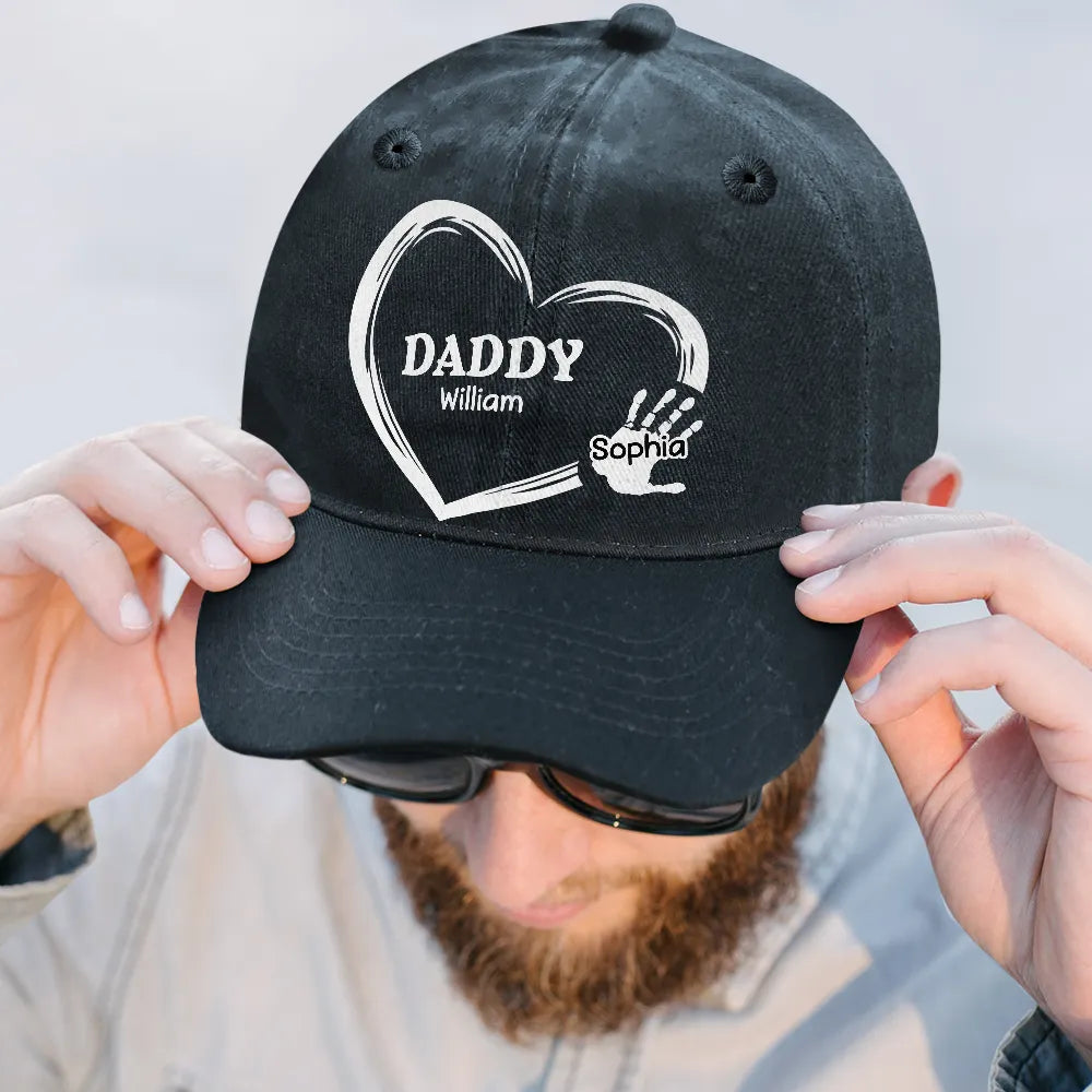 Gift For Grandpa,Gift For Husband,Gift For Father - Grandpa Dad Grandma Mom Kids Handprints - Personalized Vintage Washed Denim Cap