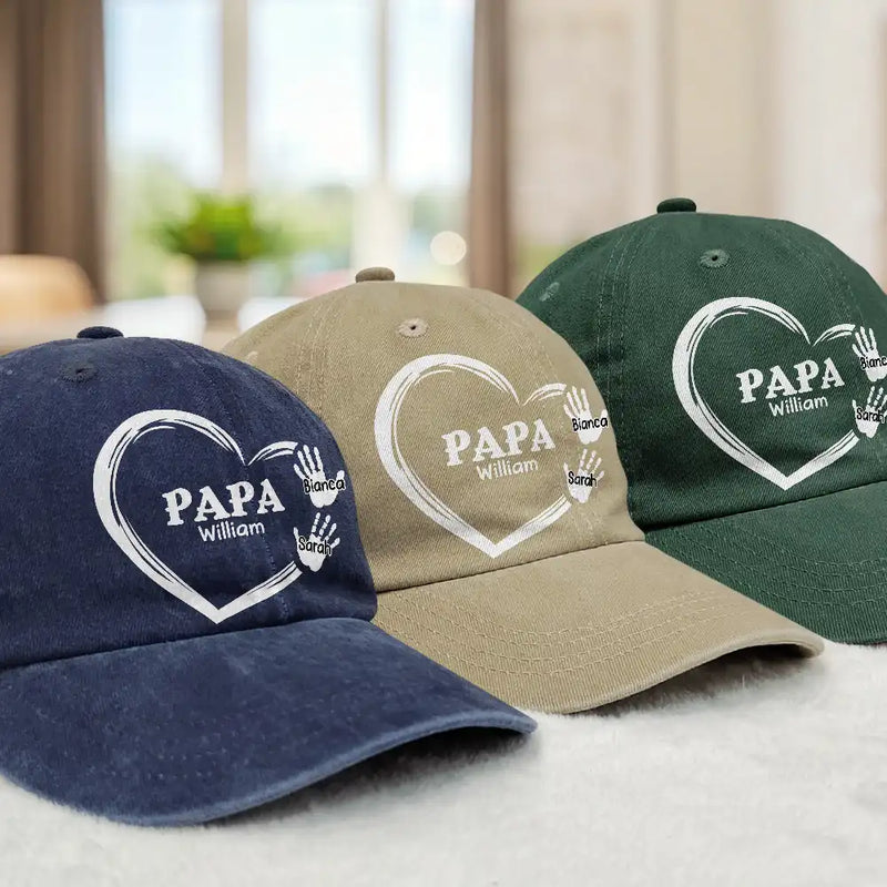 Gift For Grandpa,Gift For Husband,Gift For Father - Grandpa Dad Grandma Mom Kids Handprints - Personalized Vintage Washed Denim Cap
