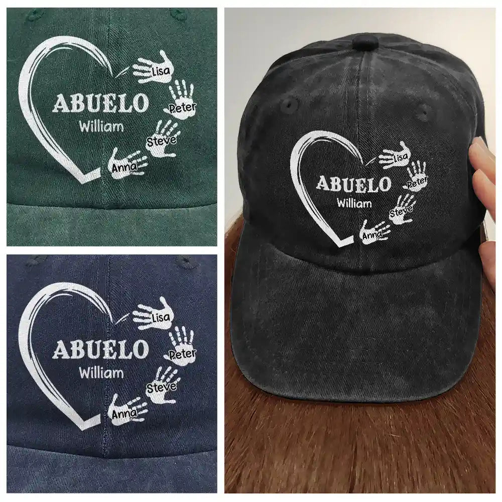 Gift For Grandpa,Gift For Husband,Gift For Father - Grandpa Dad Grandma Mom Kids Handprints - Personalized Vintage Washed Denim Cap