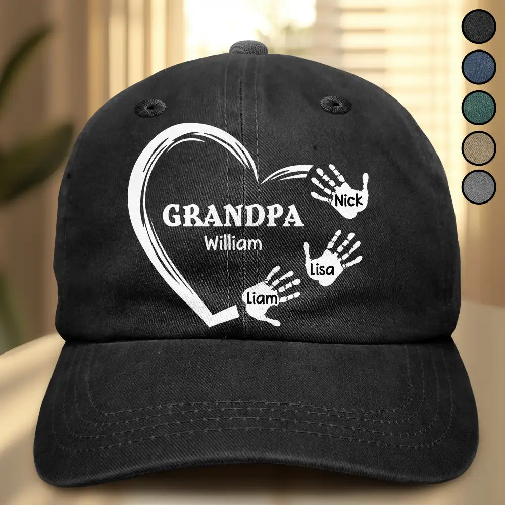 Grandpa Dad Grandma Mom Kids Handprints - Personalized Vintage Washed Denim Cap