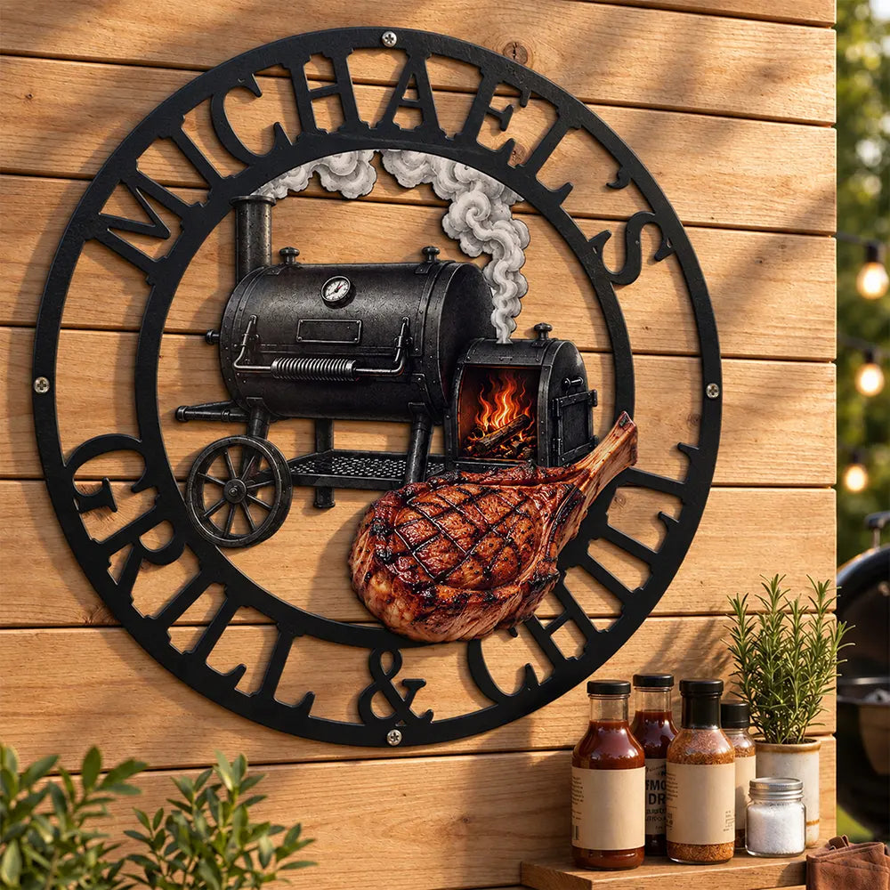 Grill & Chill Barbecue Gift For Husband Dad Grandpa - Personalized Custom Shaped Metal Sign
