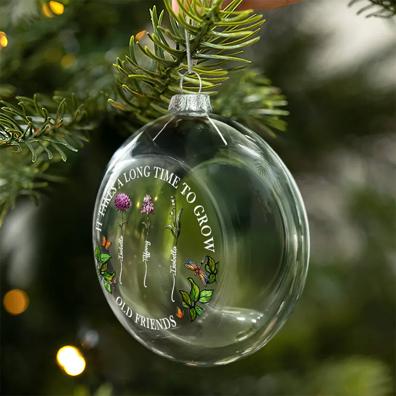Happy,Gift For Bestie,Old Best friends,Gift For Sisters,Christmas - Grow An Old Friend Birth Flower - Personalized Clear Flat Ball Ornament