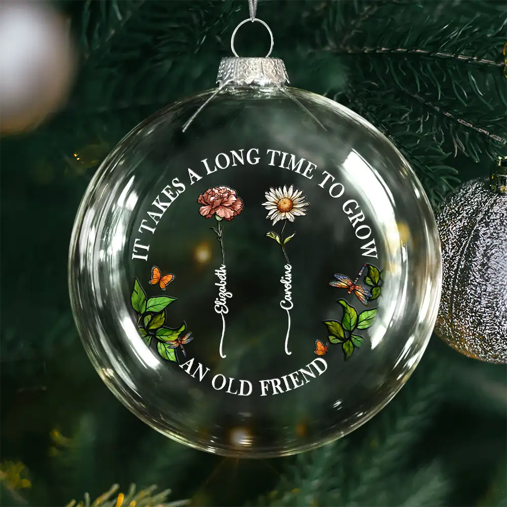 Grow An Old Friend Birth Flower - Personalized Clear Flat Ball Ornament