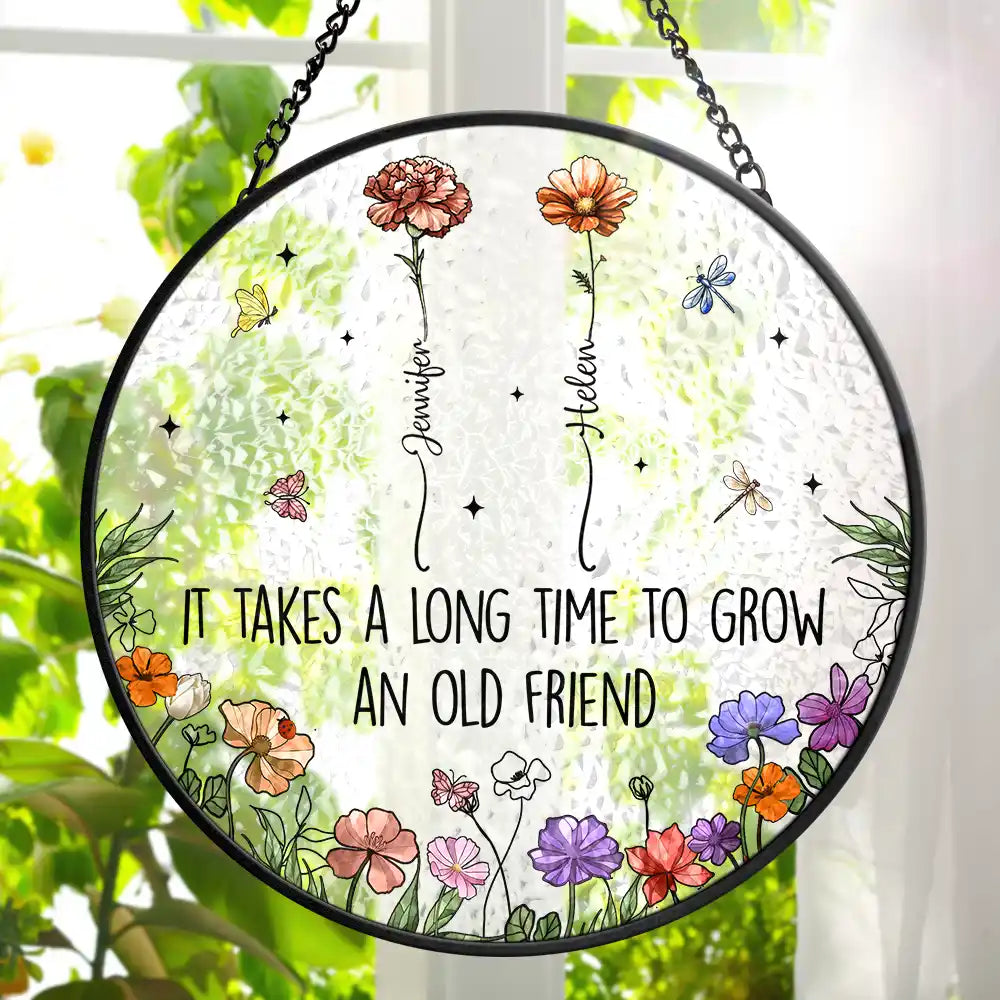 Grow An Old Friend Birth Flower - Personalized Stained Glass Window Hanging Suncatcher