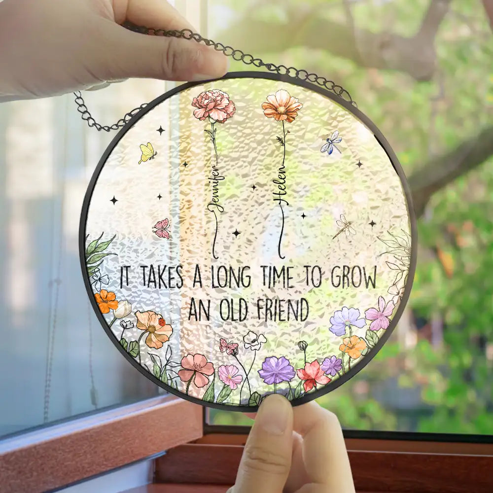 Grow An Old Friend Birth Flower - Personalized Stained Glass Window Hanging Suncatcher