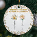 Happy,Gift For Bestie,Old Best friends,Christmas - Grow An Old Friend Birth Flower Nacre Effect - Personalized Circle Ceramic Ornament