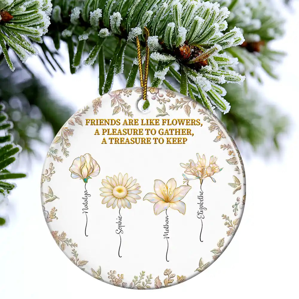 Happy,Gift For Bestie,Old Best friends,Christmas - Grow An Old Friend Birth Flower Nacre Effect - Personalized Circle Ceramic Ornament