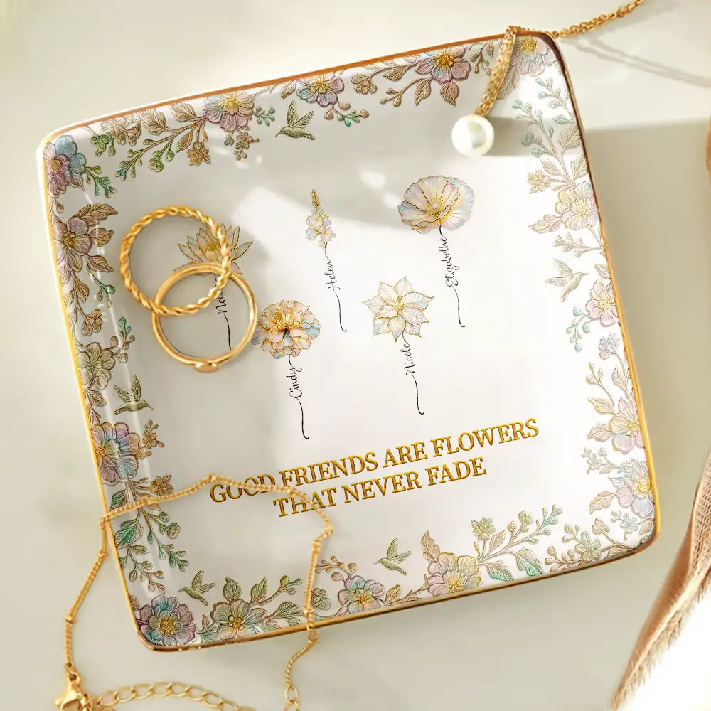 Happy, Gift For Bestie, Old Best friends - Grow An Old Friend Birth Flower Nacre Effect - Personalized Ring Dish