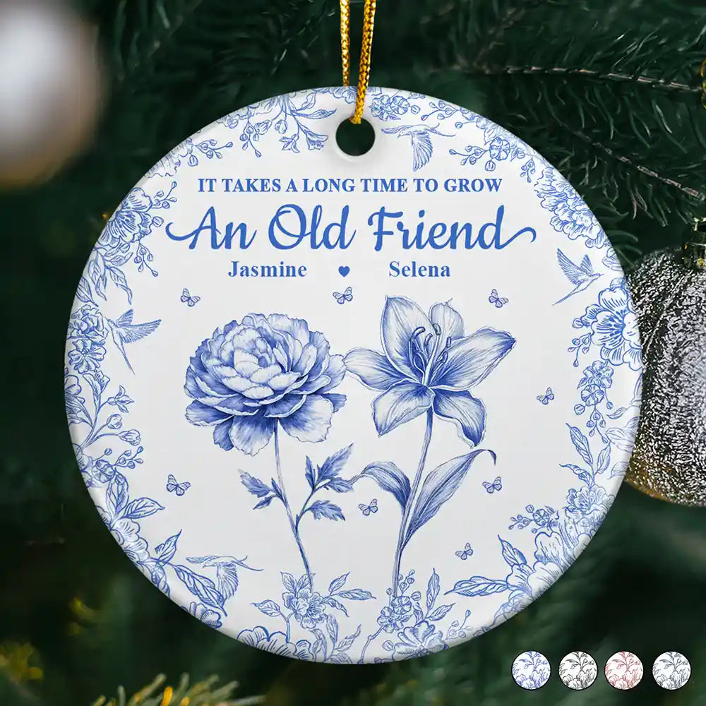Grow An Old Friend Toile Birth Flower - Personalized Circle Ceramic Ornament