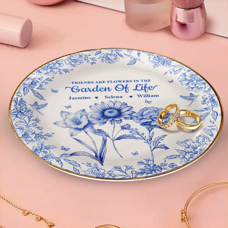 Happy, Gift For Bestie, Old Best friends, Gifts For Colleagues, Gift For Sisters - Grow An Old Friend Toile Birth Flower - Personalized Round Ring Dish