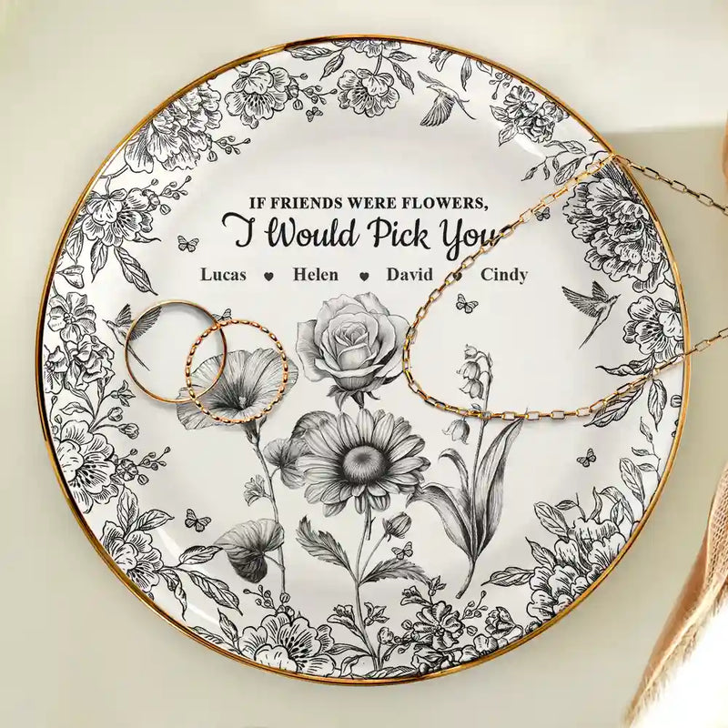 Happy, Gift For Bestie, Old Best friends, Gifts For Colleagues, Gift For Sisters - Grow An Old Friend Toile Birth Flower - Personalized Round Ring Dish