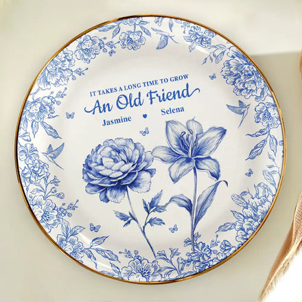 Grow An Old Friend Toile Birth Flower - Personalized Round Ring Dish