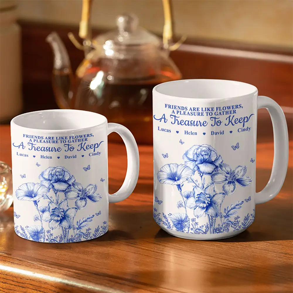 Happy, Old Best friends, Gift For Bestie, Gift For Sisters - Grow An Old Friend Toile Birth Flower - Personalized White Edge-to-Edge Mug
