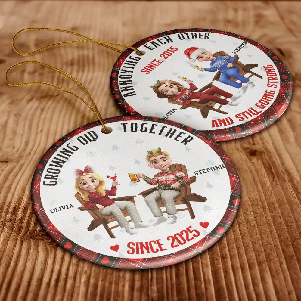 Gift For Couples, Old Couples, Gift For Wife, Gift For Husband, Christmas, Happy - Growing Old Together - Personalized Circle Ceramic Ornament