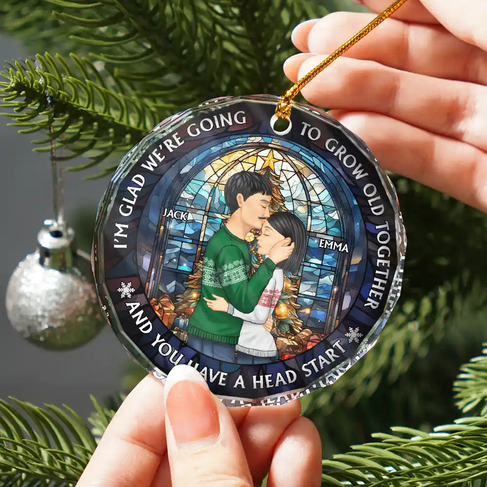 Christmas,Gift For Couples,Gift For Husband,Gift For Wife,Gift For Boyfriend,Gift For Girlfriend,Happy - Growing Old Together Side View Couple - Personalized Circle Glass Ornament