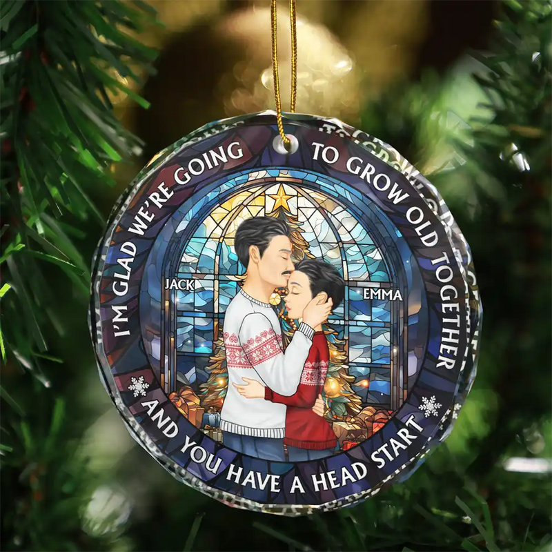 Christmas,Gift For Couples,Gift For Husband,Gift For Wife,Gift For Boyfriend,Gift For Girlfriend,Happy - Growing Old Together Side View Couple - Personalized Circle Glass Ornament