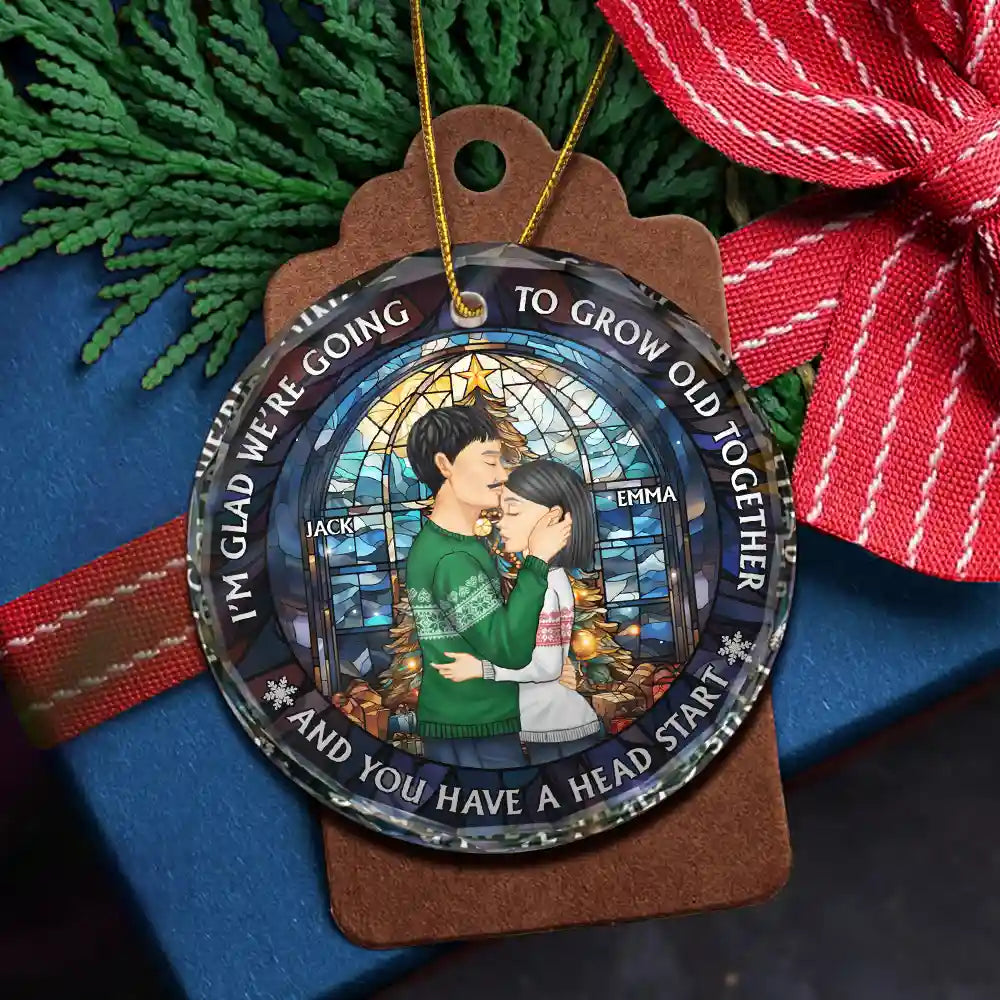 Christmas,Gift For Couples,Gift For Husband,Gift For Wife,Gift For Boyfriend,Gift For Girlfriend,Happy - Growing Old Together Side View Couple - Personalized Circle Glass Ornament