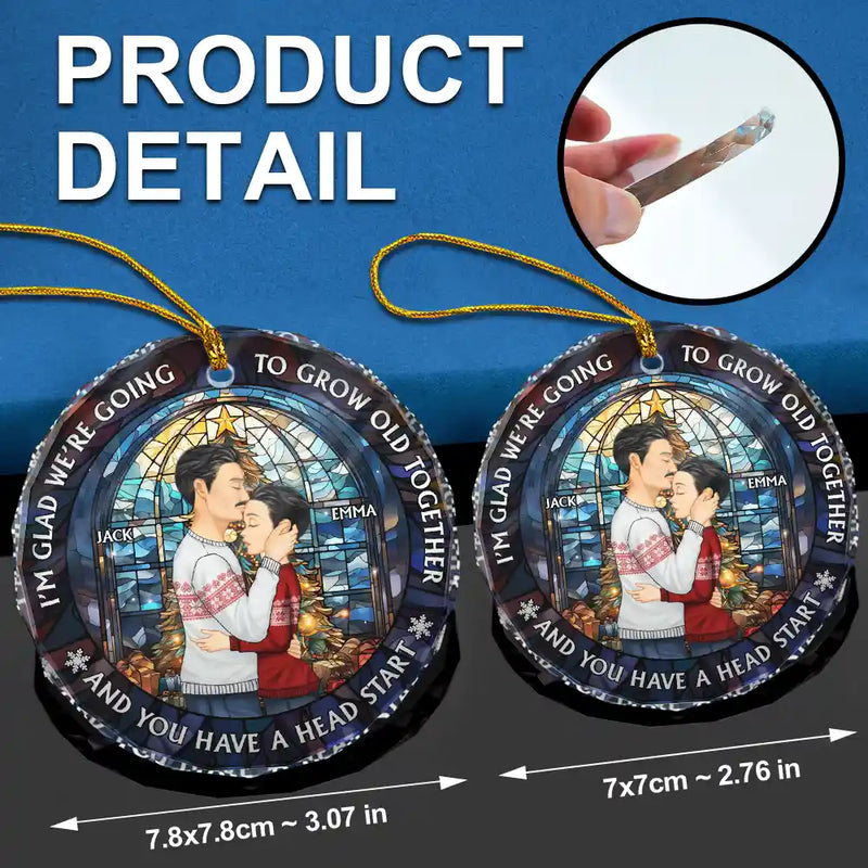 Christmas,Gift For Couples,Gift For Husband,Gift For Wife,Gift For Boyfriend,Gift For Girlfriend,Happy - Growing Old Together Side View Couple - Personalized Circle Glass Ornament