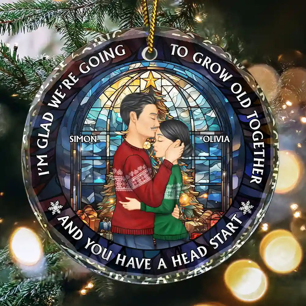 Growing Old Together Side View Couple - Personalized Circle Glass Ornament