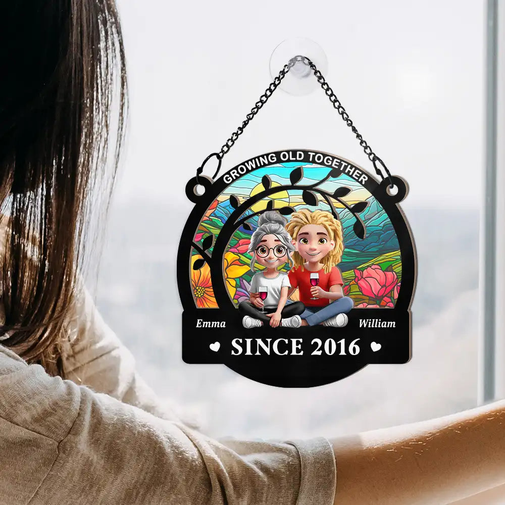 Gift For Couples,Old Couples,Gift For Husband,Gift For Wife,Happy - Growing Old Together Since - Personalized Window Hanging Suncatcher Ornament