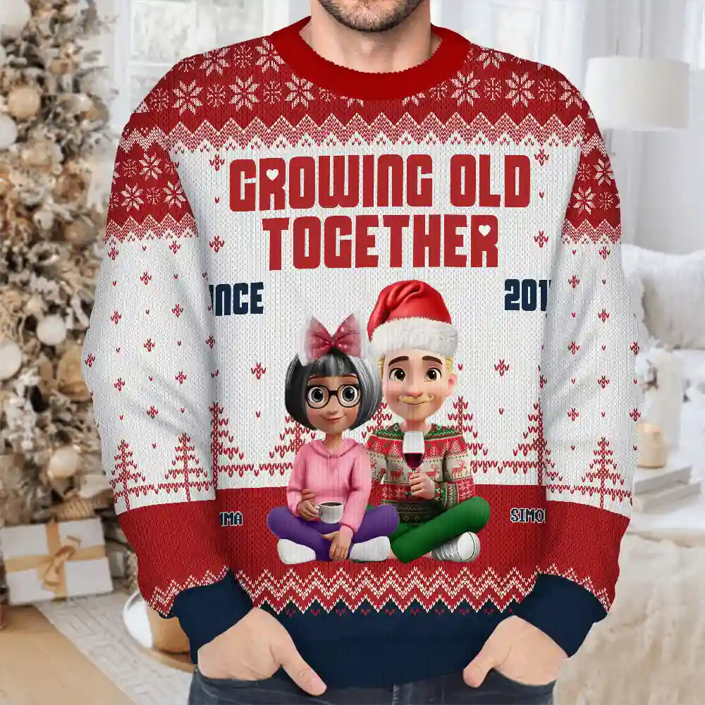 Christmas,Gift For Couples,Old Couples,Gift For Husband,Gift For Wife,Gift For Boyfriend,Happy - Growing Old Together Since 3D Couple - Personalized Unisex Ugly Sweater