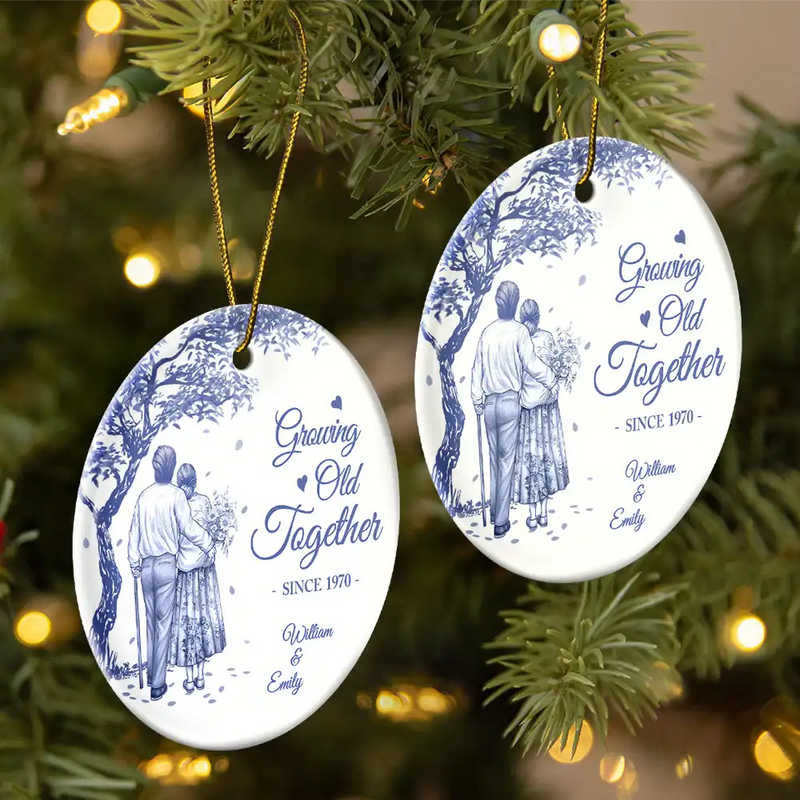 Old Couples,Gift For Women,Gift For Men,Gift For Husband,Gift For Wife,Christmas,Love - Growing Old Together Since Old Couple Toile - Personalized Circle Ceramic Ornament