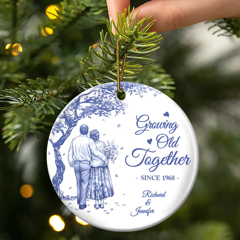 Old Couples,Gift For Women,Gift For Men,Gift For Husband,Gift For Wife,Christmas,Love - Growing Old Together Since Old Couple Toile - Personalized Circle Ceramic Ornament